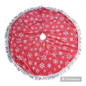 LARGE Red Christmas Tree Skirt With Snowflakes & White Trim - Size 46 Inch